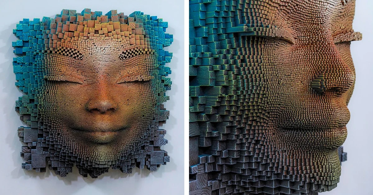 Wooden “Pixel” Sculptures Combine to Form Mysterious Masks