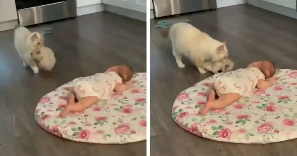 Mother Cat Heartwarming Introduction of Her Kitten to a Human Baby