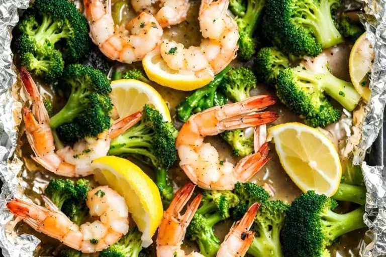 Baked Shrimp and Broccoli Foil Packs with Garlic Lemon Butter Sauce Recipe